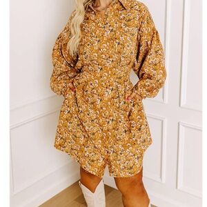 Impressions Mustard and Blue Floral corduroy dress